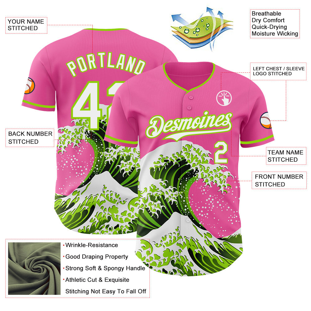 Custom Pink Neon Green-White Japanese Wave Authentic Baseball Jersey view 4