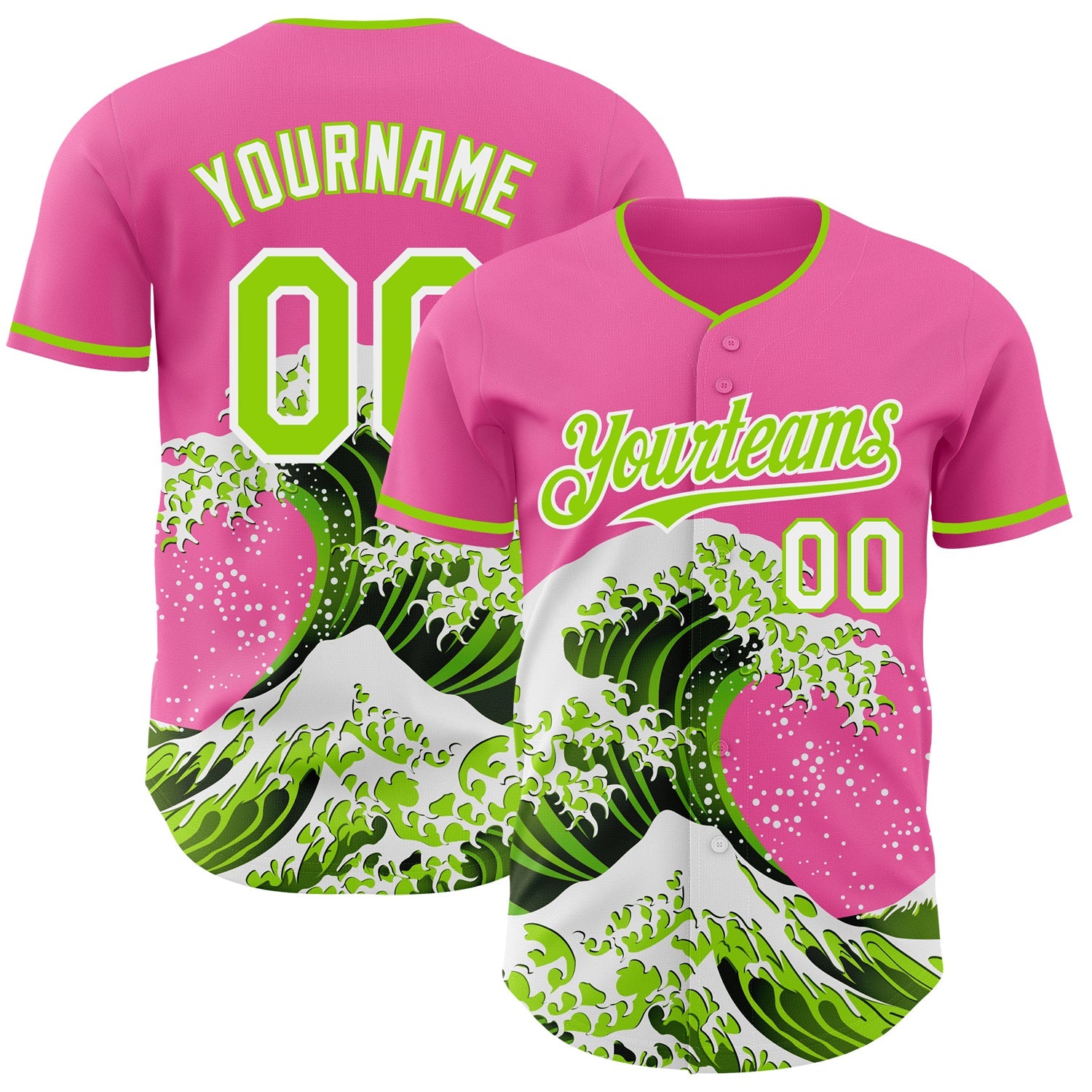 Custom Pink Neon Green-White Japanese Wave Authentic Baseball Jersey - Main View