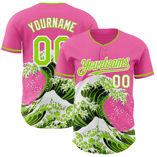 Custom Pink Neon Green-White Japanese Wave Authentic Baseball Jersey - Main View