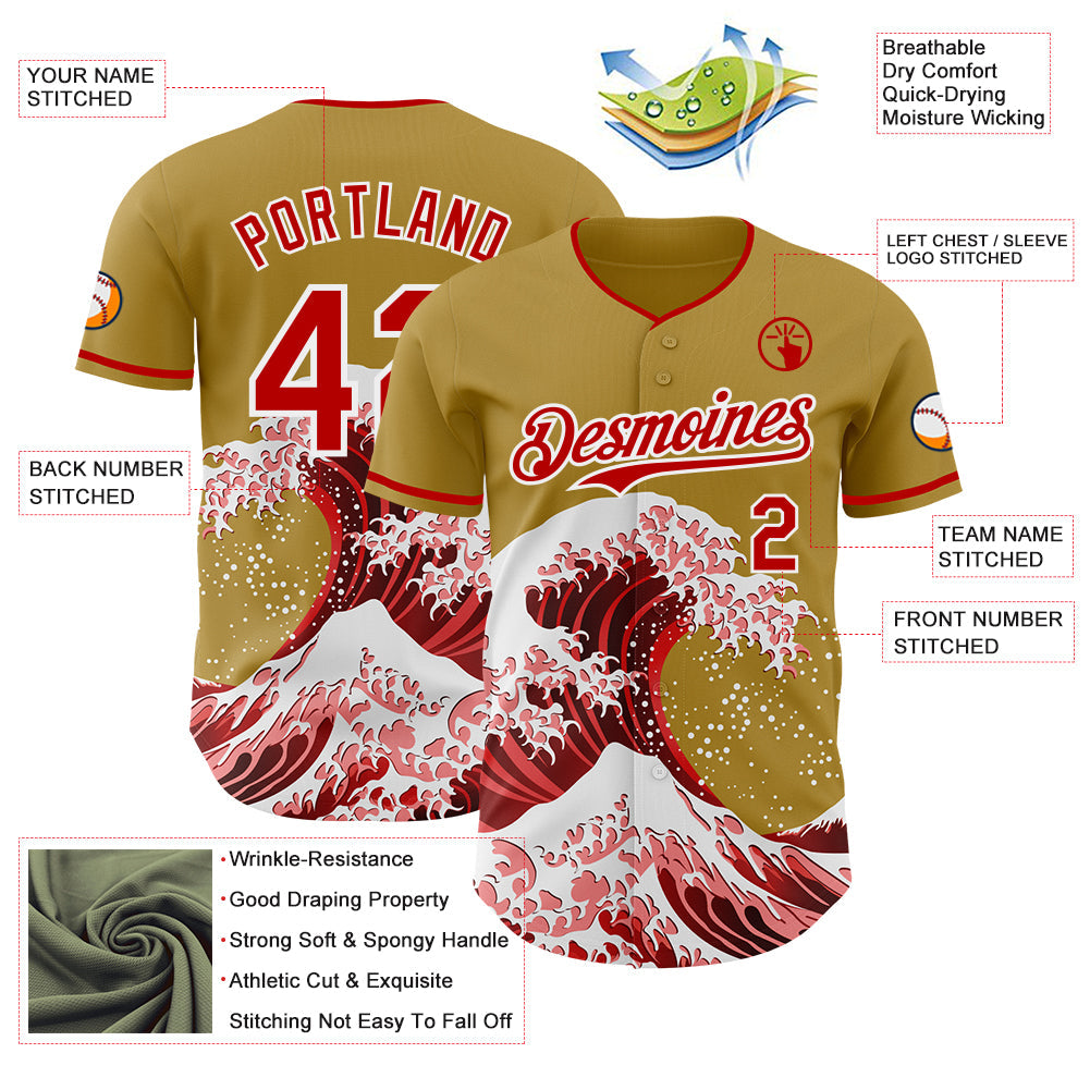 Custom Old Gold Red-White Japanese Wave Authentic Baseball Jersey view 4