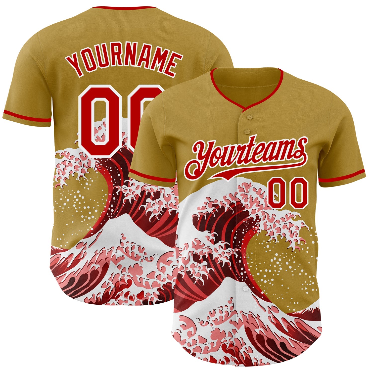 Custom Old Gold Red-White Japanese Wave Authentic Baseball Jersey - Main View