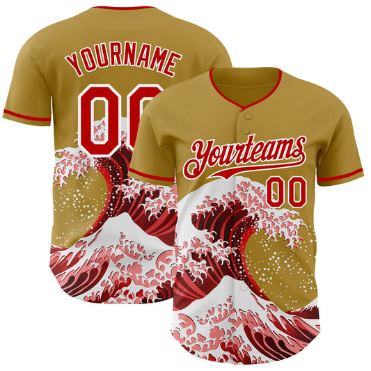 Custom Old Gold Red-White Japanese Wave Authentic Baseball Jersey - Main View