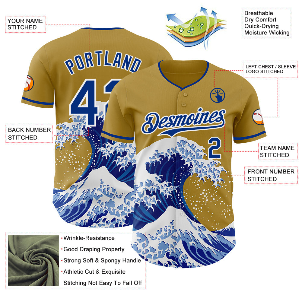 Custom Old Gold Royal-White Japanese Wave Authentic Baseball Jersey view 4