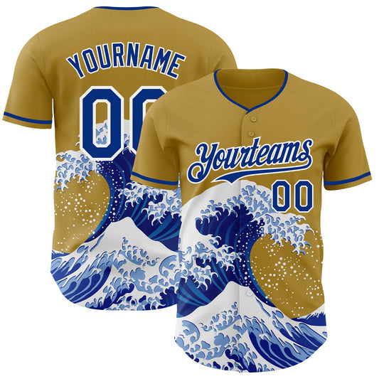 Custom Old Gold Royal-White Japanese Wave Authentic Baseball Jersey - Main View