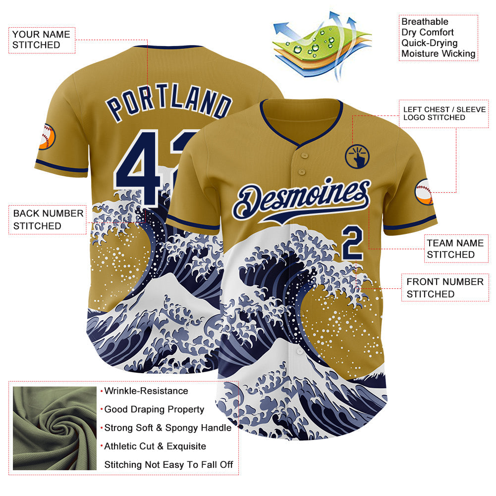 Custom Old Gold Navy-White Japanese Wave Authentic Baseball Jersey view 4