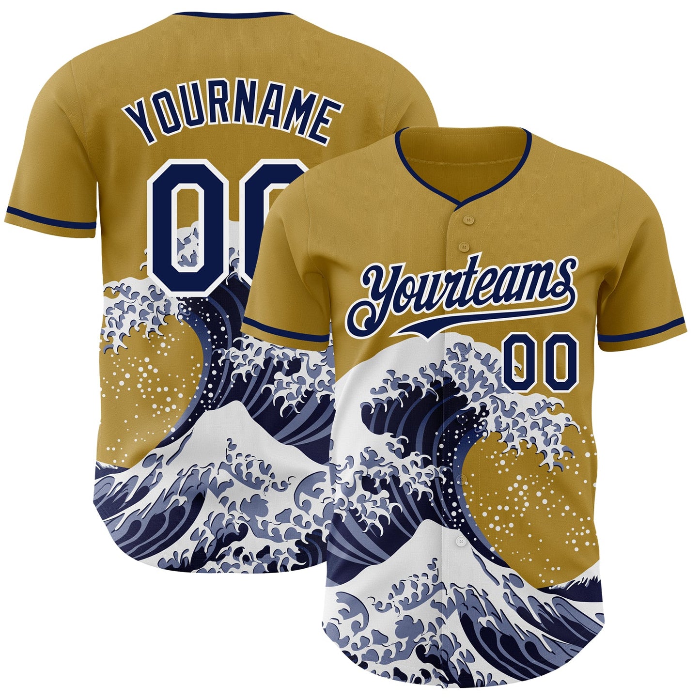 Custom Old Gold Navy-White Japanese Wave Authentic Baseball Jersey - Main View