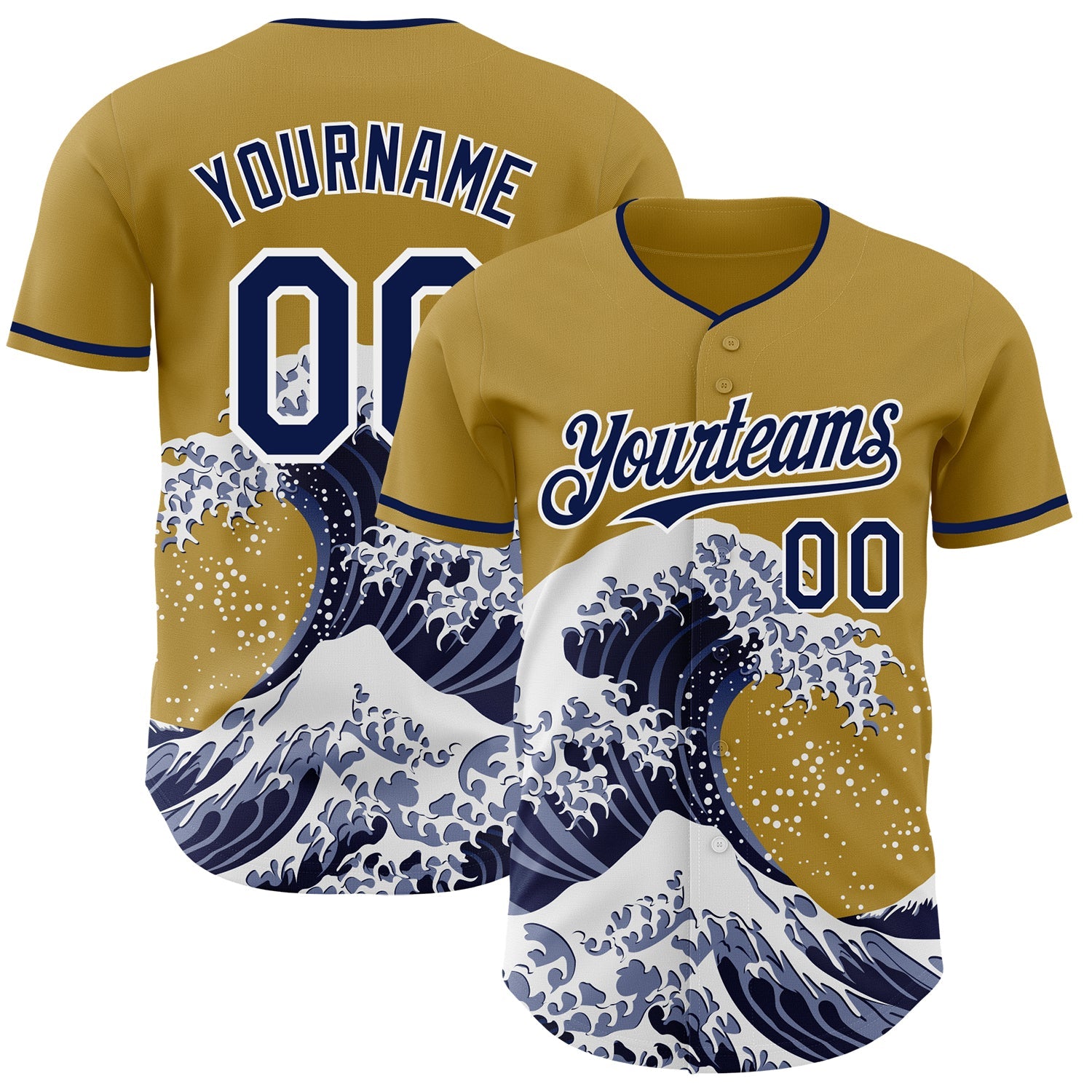 Custom Old Gold Navy-White Japanese Wave Authentic Baseball Jersey - Main View