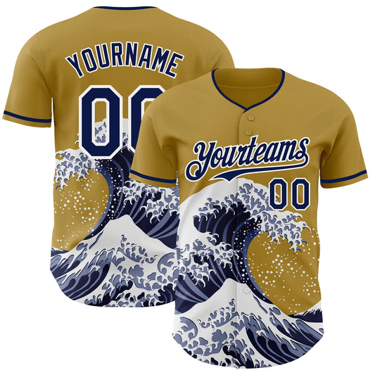 Custom Old Gold Navy-White Japanese Wave Authentic Baseball Jersey - Main View