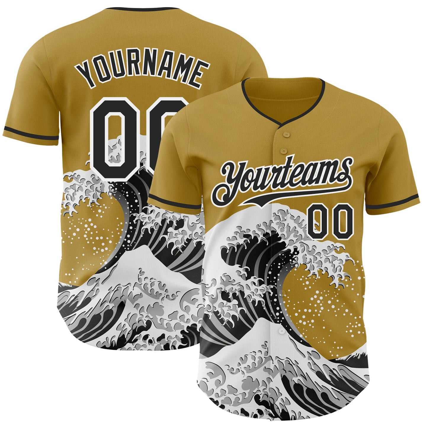 Custom Old Gold Black-White Japanese Wave Authentic Baseball Jersey - Main View