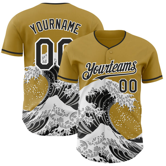 Custom Old Gold Black-White Japanese Wave Authentic Baseball Jersey - Main View