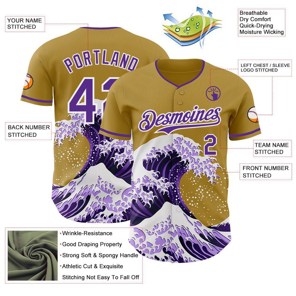 Custom Old Gold Purple-White Japanese Wave Authentic Baseball Jersey view 4