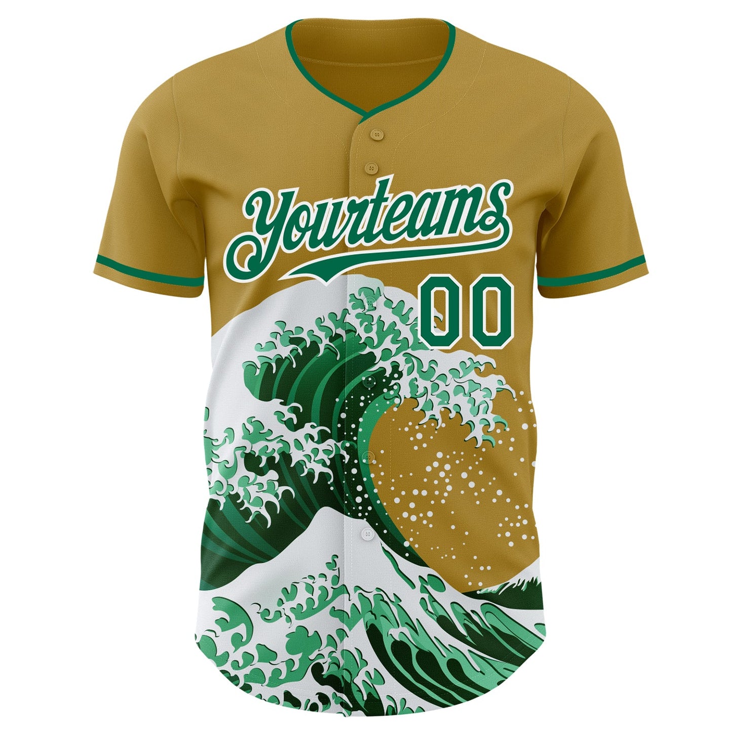 Custom Old Gold Kelly Green-White Japanese Wave Authentic Baseball Jersey view 3