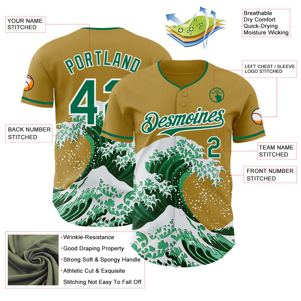 Custom Old Gold Kelly Green-White Japanese Wave Authentic Baseball Jersey view 4