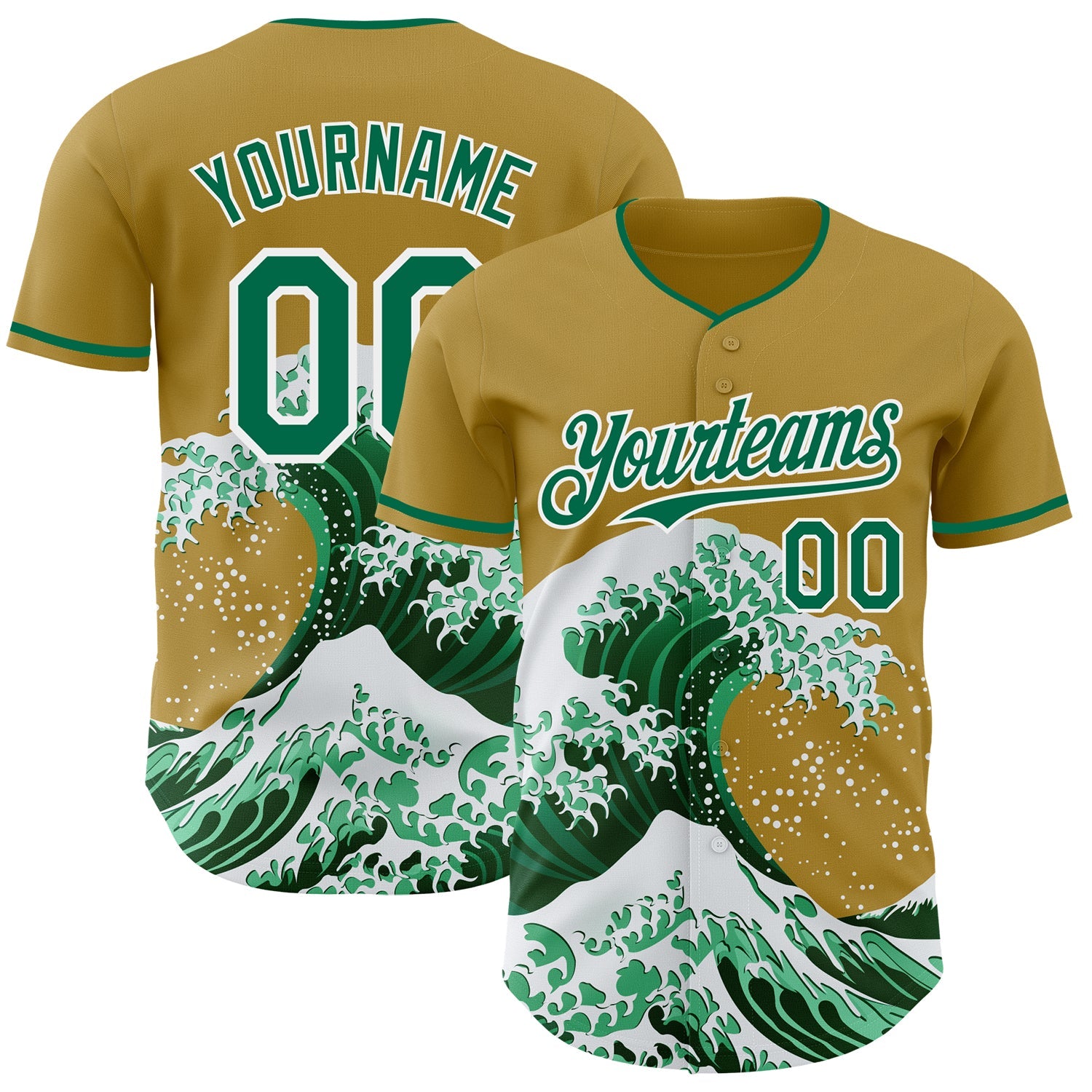 Custom Old Gold Kelly Green-White Japanese Wave Authentic Baseball Jersey - Main View