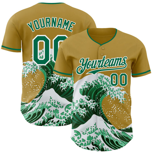 Custom Old Gold Kelly Green-White Japanese Wave Authentic Baseball Jersey - Main View