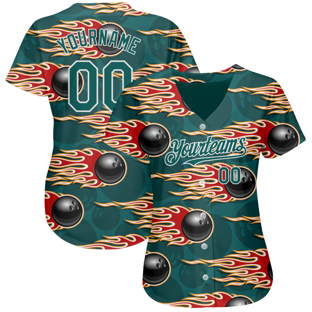 Custom Midnight Green White 3D Pattern Design Bowling Ball With Hotrod Flame Authentic Baseball Jersey view 2