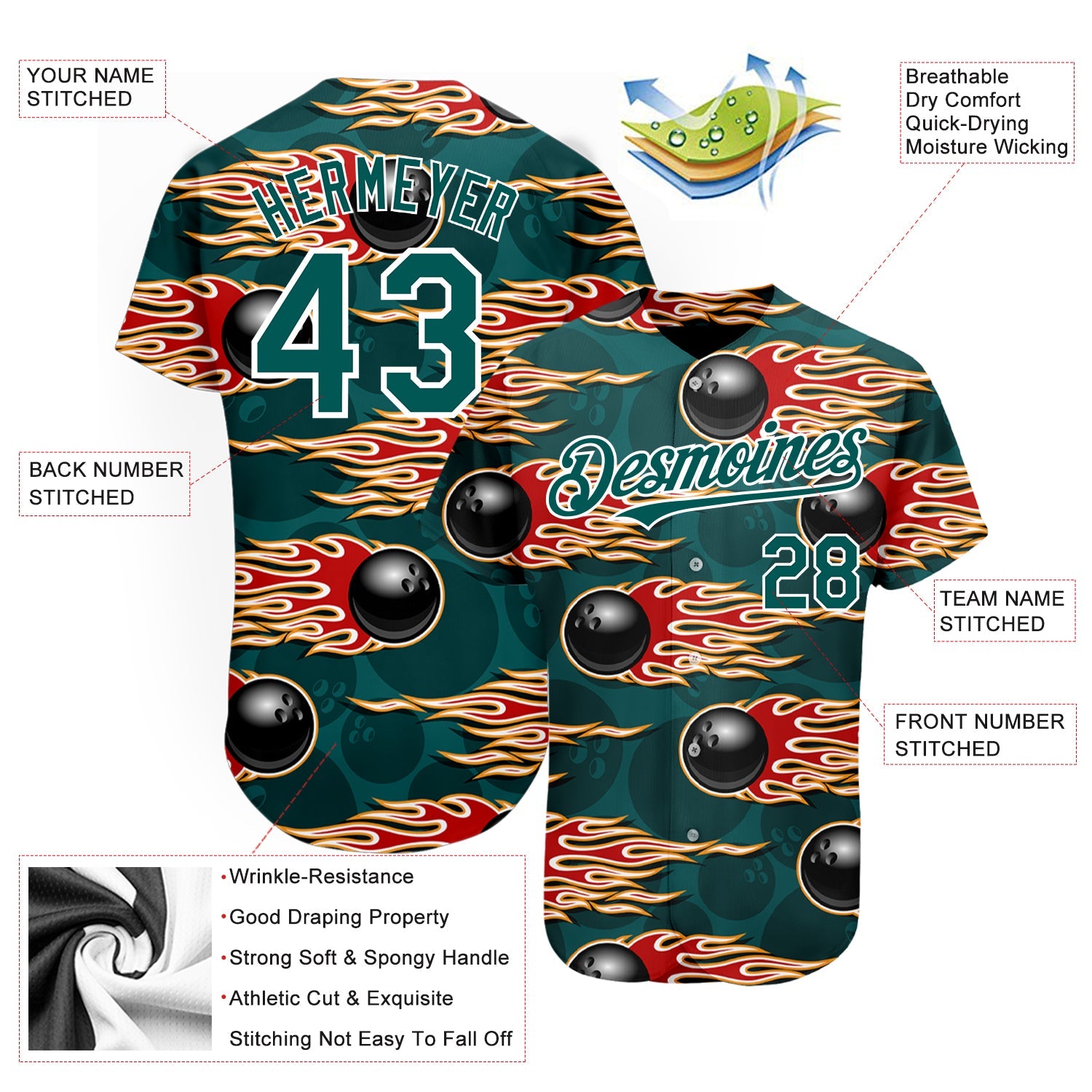 Custom Midnight Green White 3D Pattern Design Bowling Ball With Hotrod Flame Authentic Baseball Jersey view 3