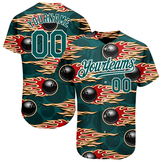 Custom Midnight Green White 3D Pattern Design Bowling Ball With Hotrod Flame Authentic Baseball Jersey - Main View