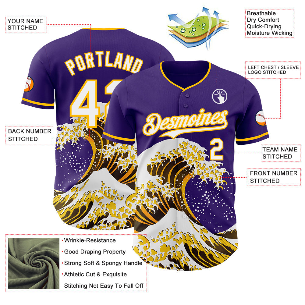 Custom Purple White-Gold Japanese Wave Authentic Baseball Jersey view 4