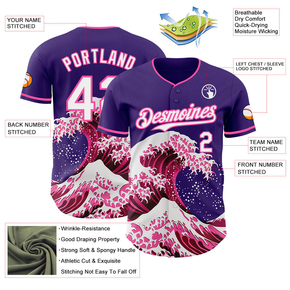Custom Purple White-Pink Japanese Wave Authentic Baseball Jersey view 4