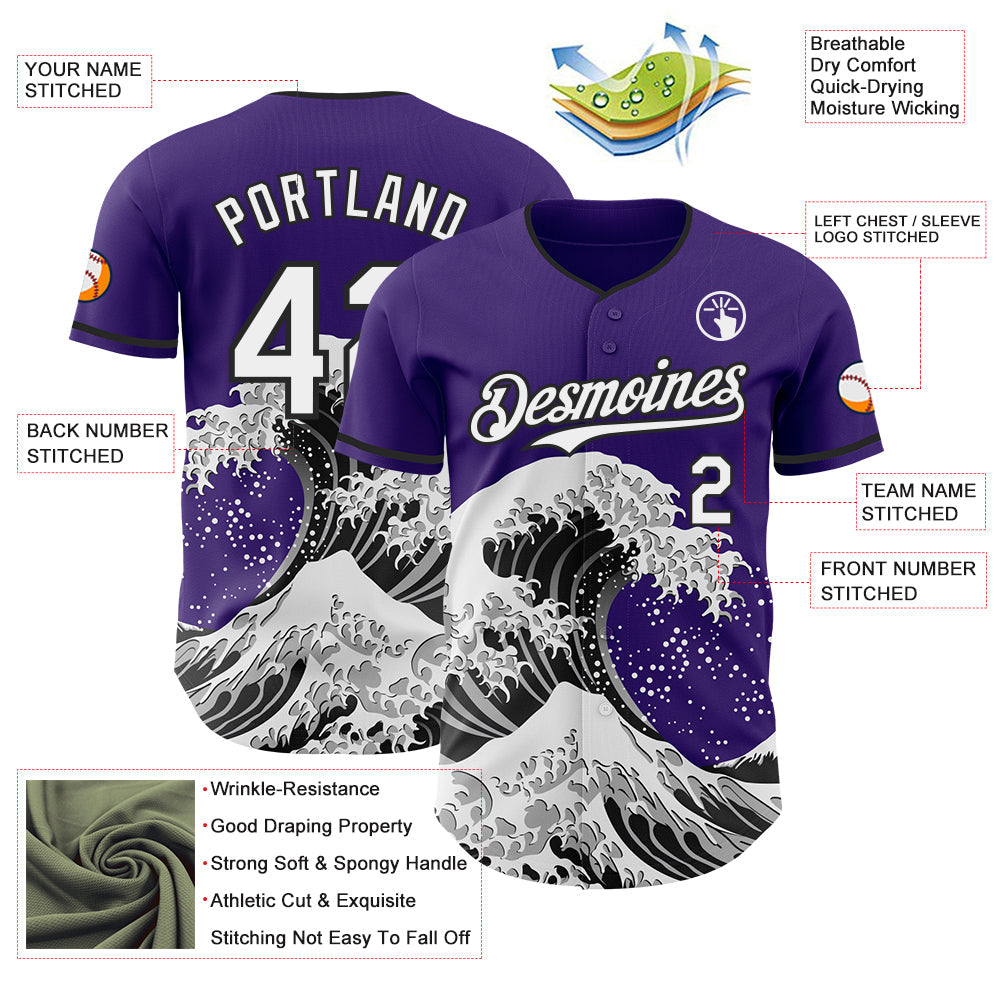 Custom Purple White-Black Japanese Wave Authentic Baseball Jersey view 4