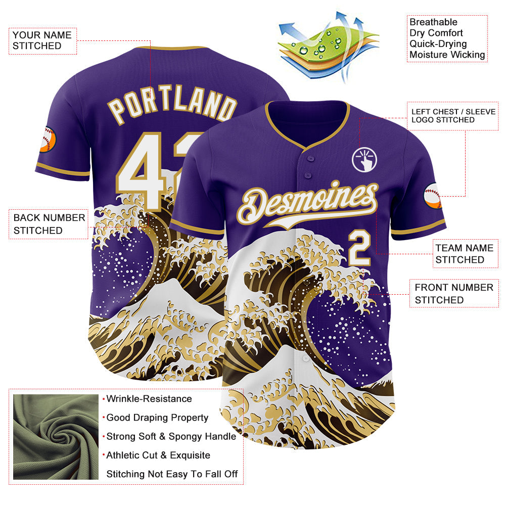 Custom Purple White-Old Gold Japanese Wave Authentic Baseball Jersey view 4