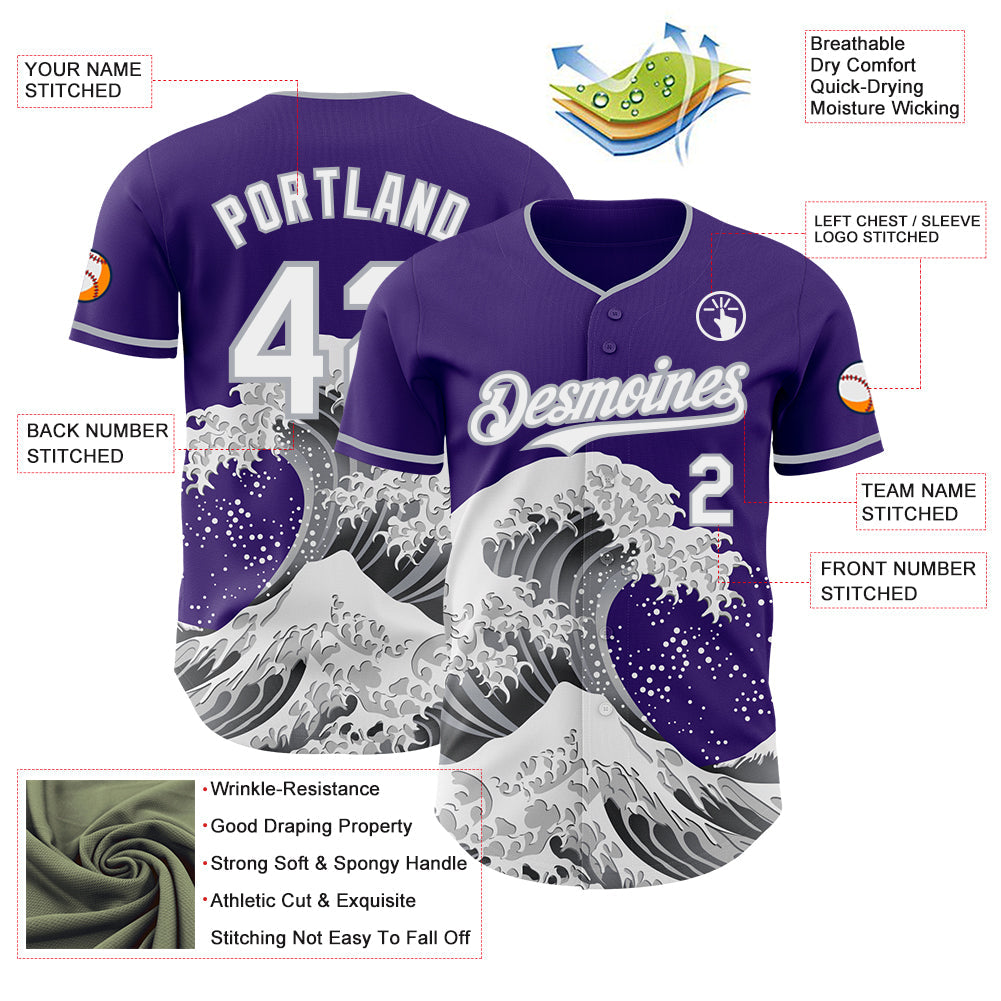 Custom Purple White-Gray Japanese Wave Authentic Baseball Jersey view 4