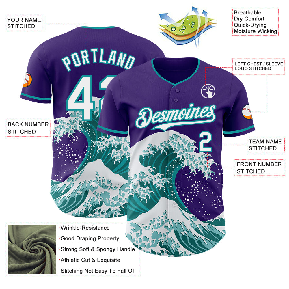 Custom Purple White-Teal Japanese Wave Authentic Baseball Jersey view 4