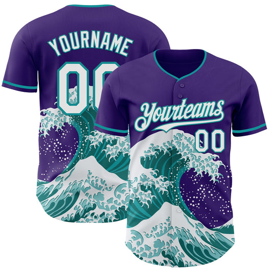 Custom Purple White-Teal Japanese Wave Authentic Baseball Jersey - Main View