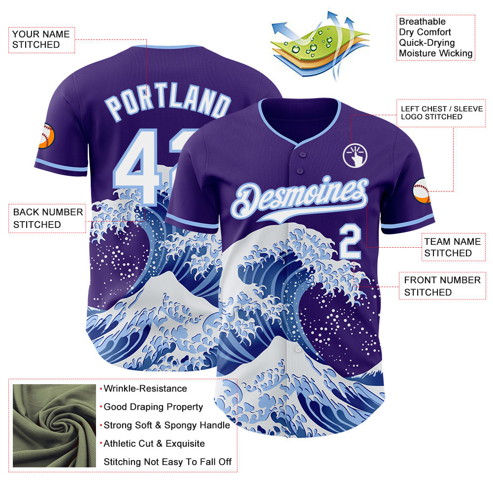 Custom Purple White-Light Blue Japanese Wave Authentic Baseball Jersey view 4