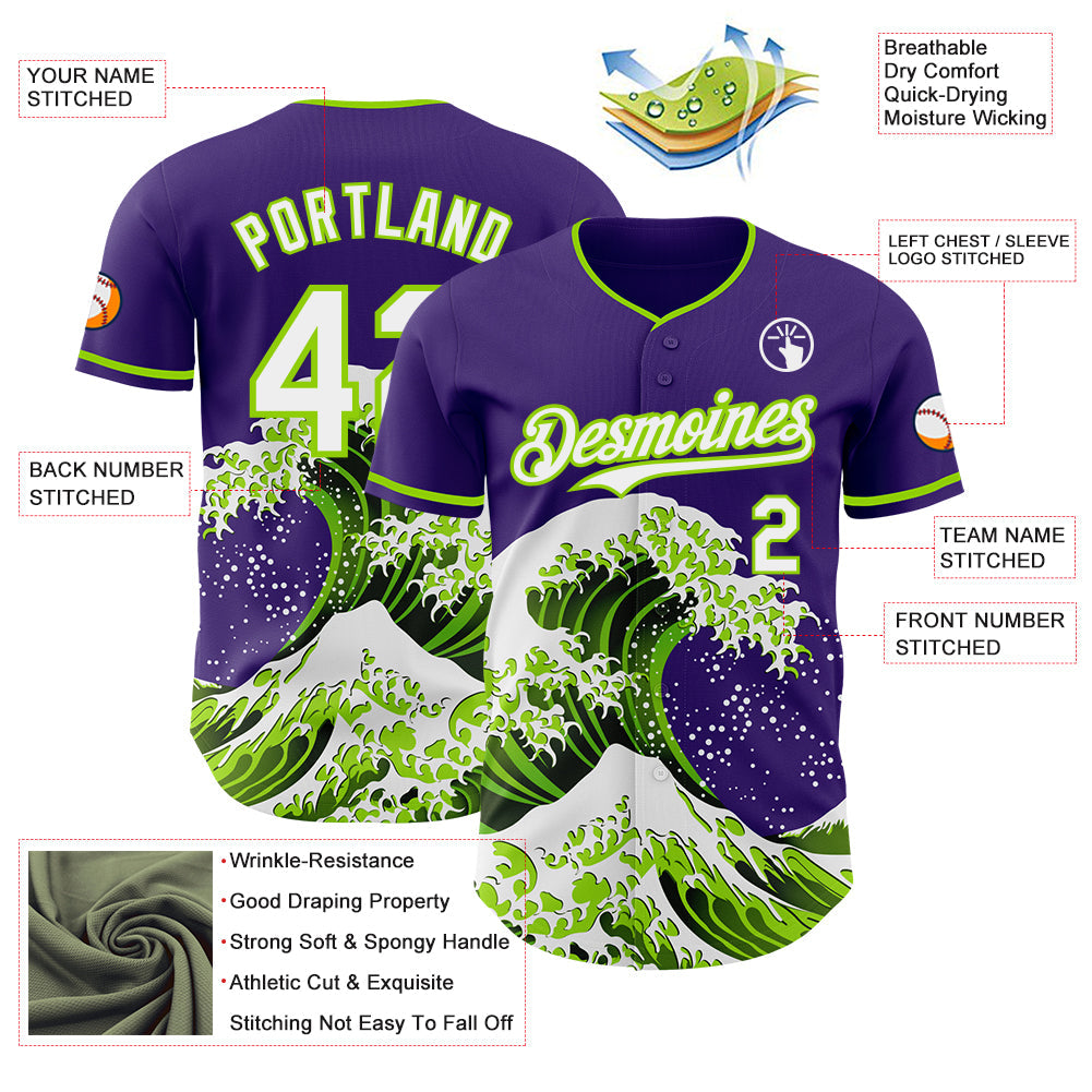 Custom Purple White-Neon Green Japanese Wave Authentic Baseball Jersey view 4