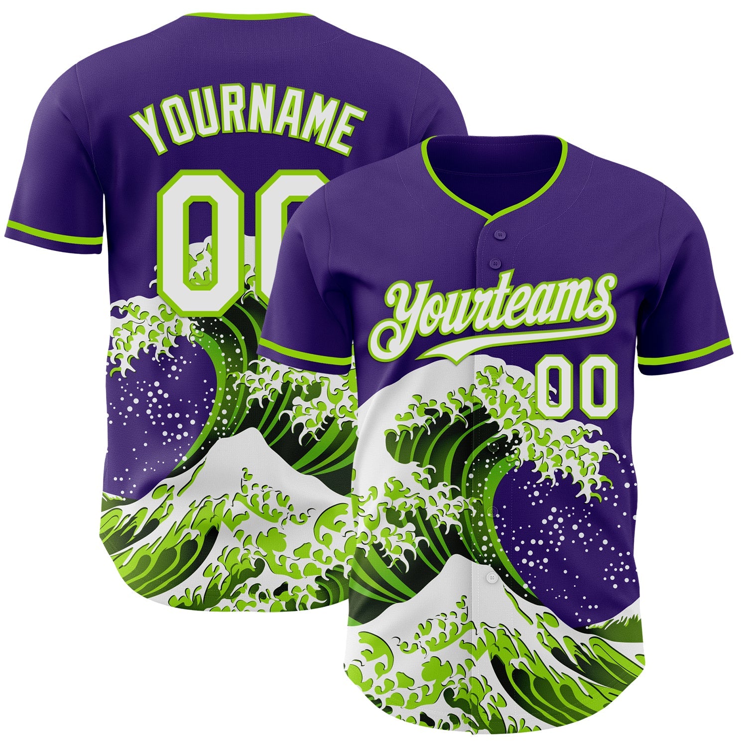 Custom Purple White-Neon Green Japanese Wave Authentic Baseball Jersey - Main View