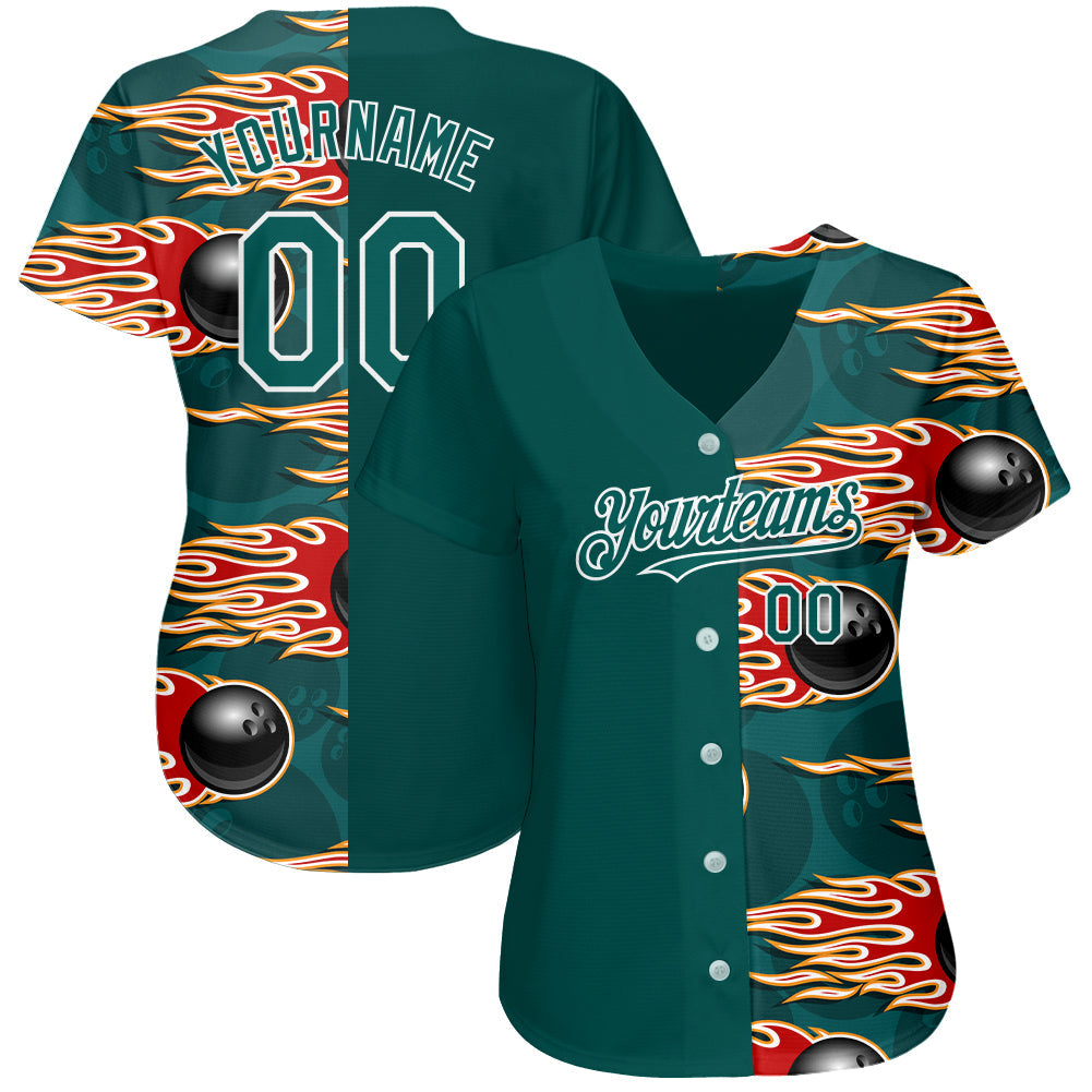 Custom Midnight Green White 3D Pattern Design Bowling Ball With Hotrod Flame Authentic Baseball Jersey view 2