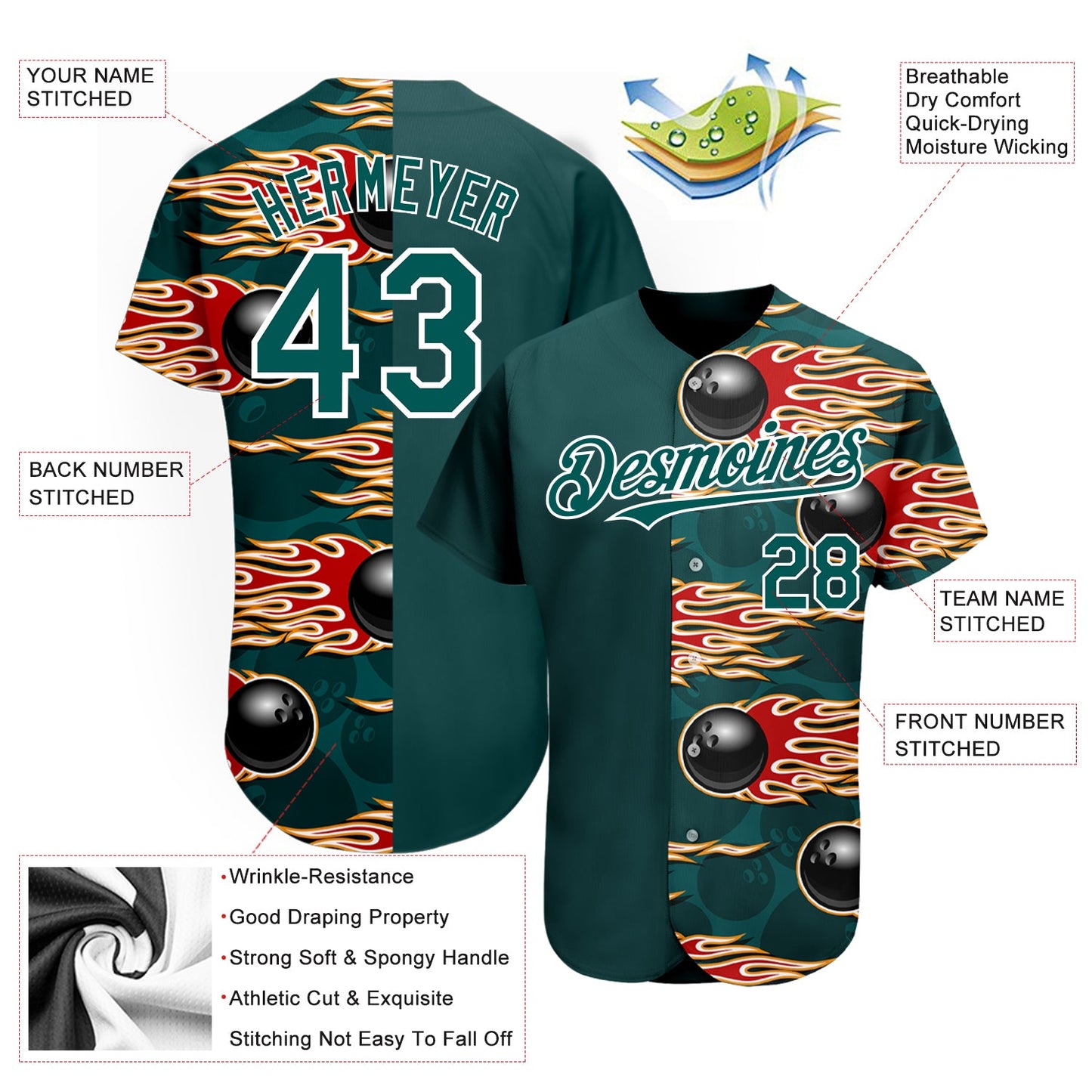 Custom Midnight Green White 3D Pattern Design Bowling Ball With Hotrod Flame Authentic Baseball Jersey view 3