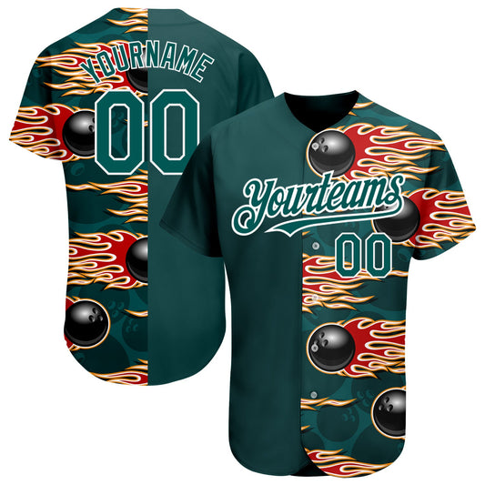 Custom Midnight Green White 3D Pattern Design Bowling Ball With Hotrod Flame Authentic Baseball Jersey - Main View