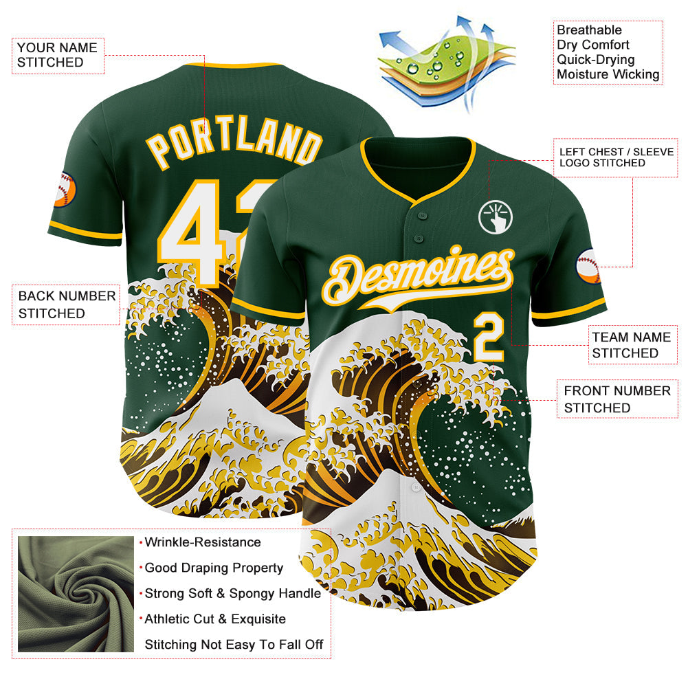 Custom Green White-Gold Japanese Wave Authentic Baseball Jersey view 4