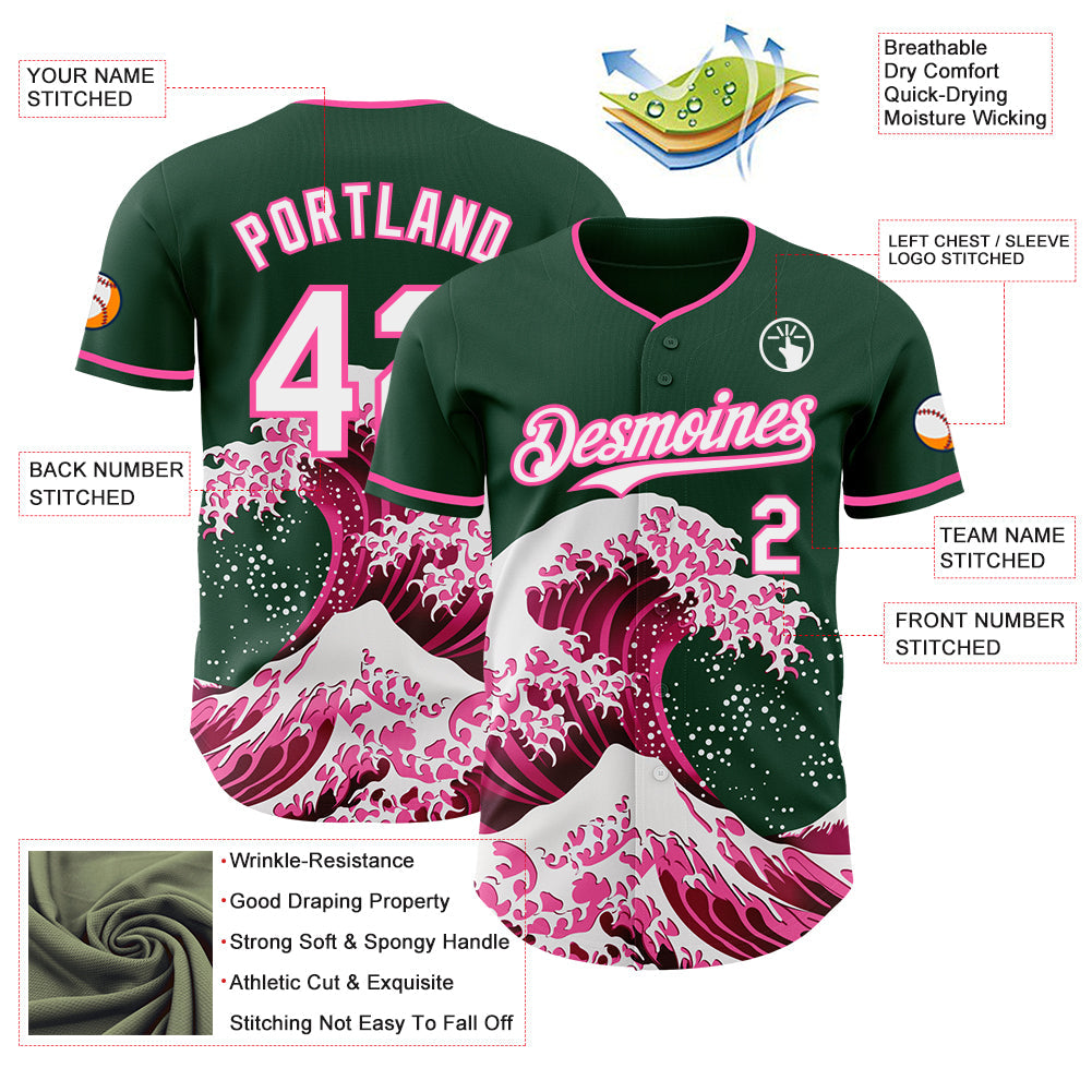 Custom Green White-Pink Japanese Wave Authentic Baseball Jersey view 4