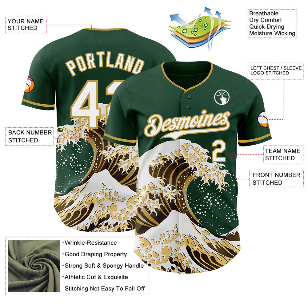 Custom Green White-Old Gold Japanese Wave Authentic Baseball Jersey view 4
