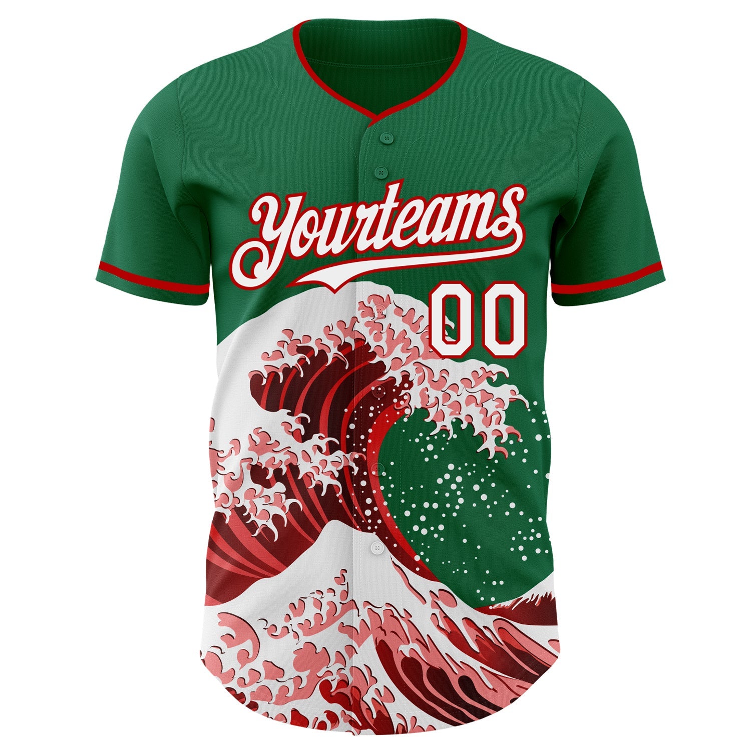 Custom Kelly Green White-Red Japanese Wave Authentic Baseball Jersey view 3