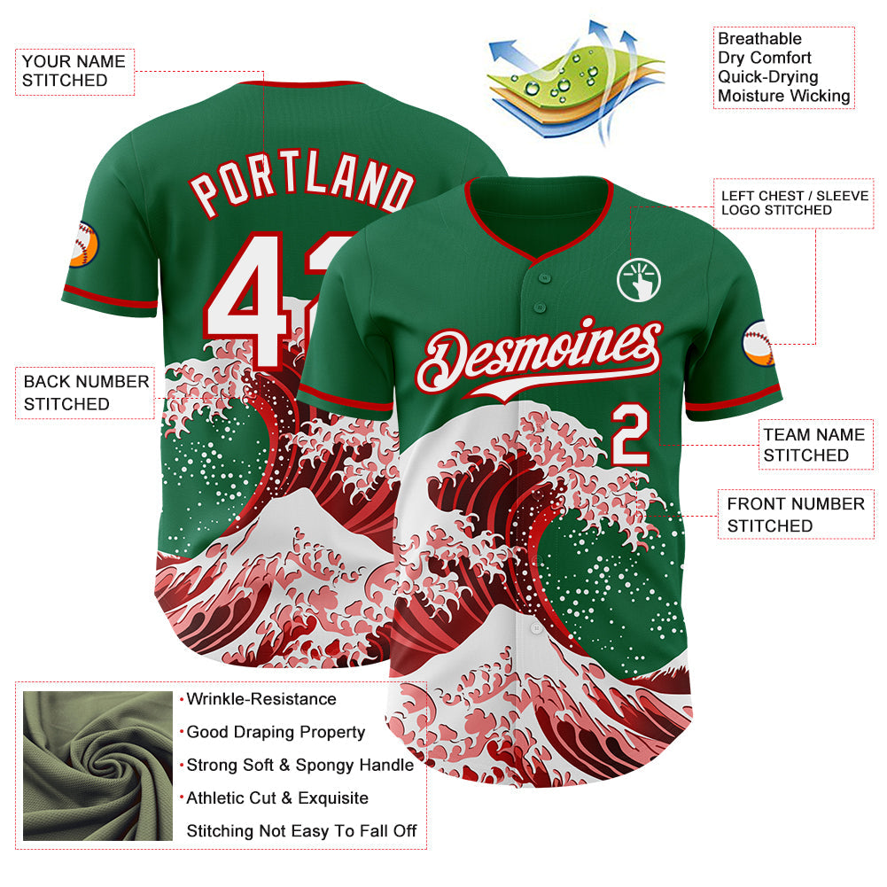 Custom Kelly Green White-Red Japanese Wave Authentic Baseball Jersey view 4