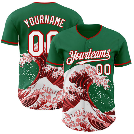 Custom Kelly Green White-Red Japanese Wave Authentic Baseball Jersey - Main View
