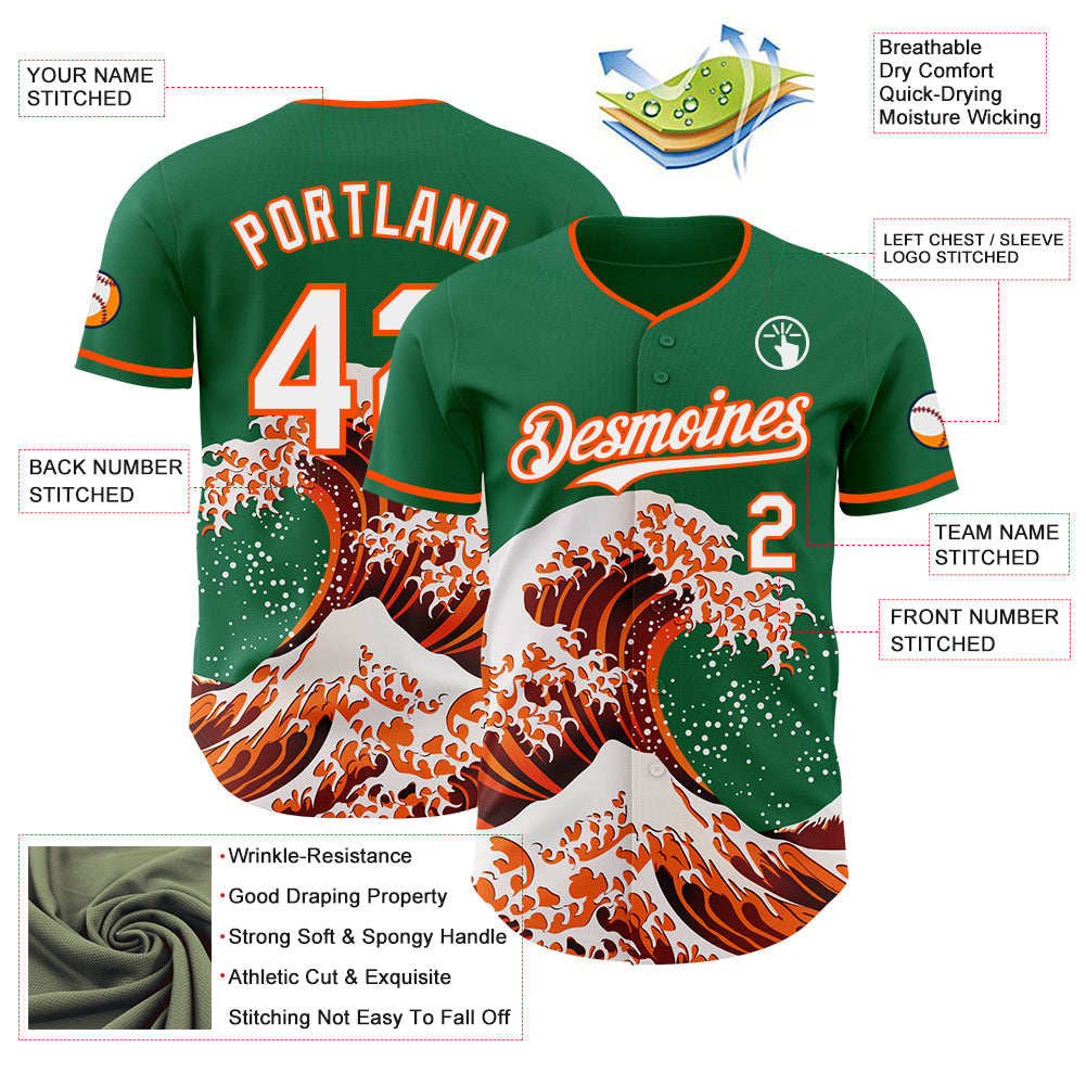 Custom Kelly Green White-Orange Japanese Wave Authentic Baseball Jersey view 4