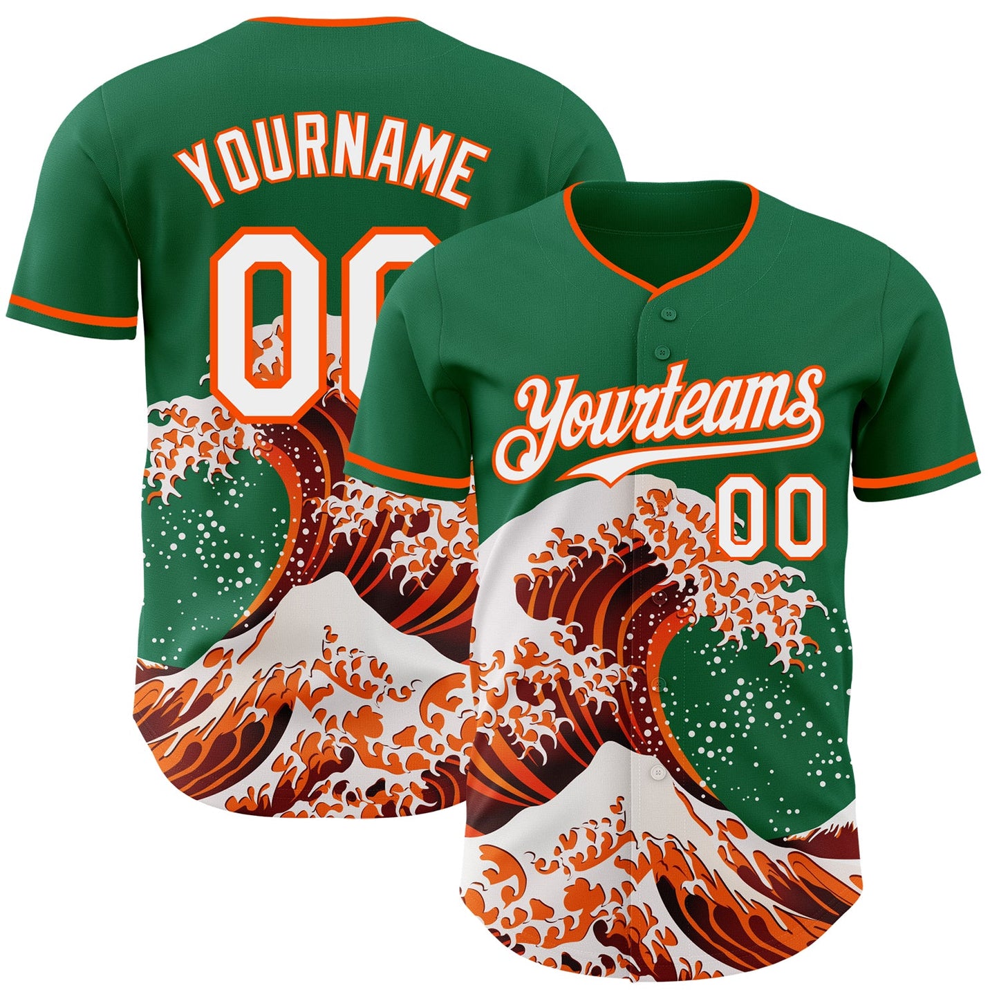 Custom Kelly Green White-Orange Japanese Wave Authentic Baseball Jersey - Main View
