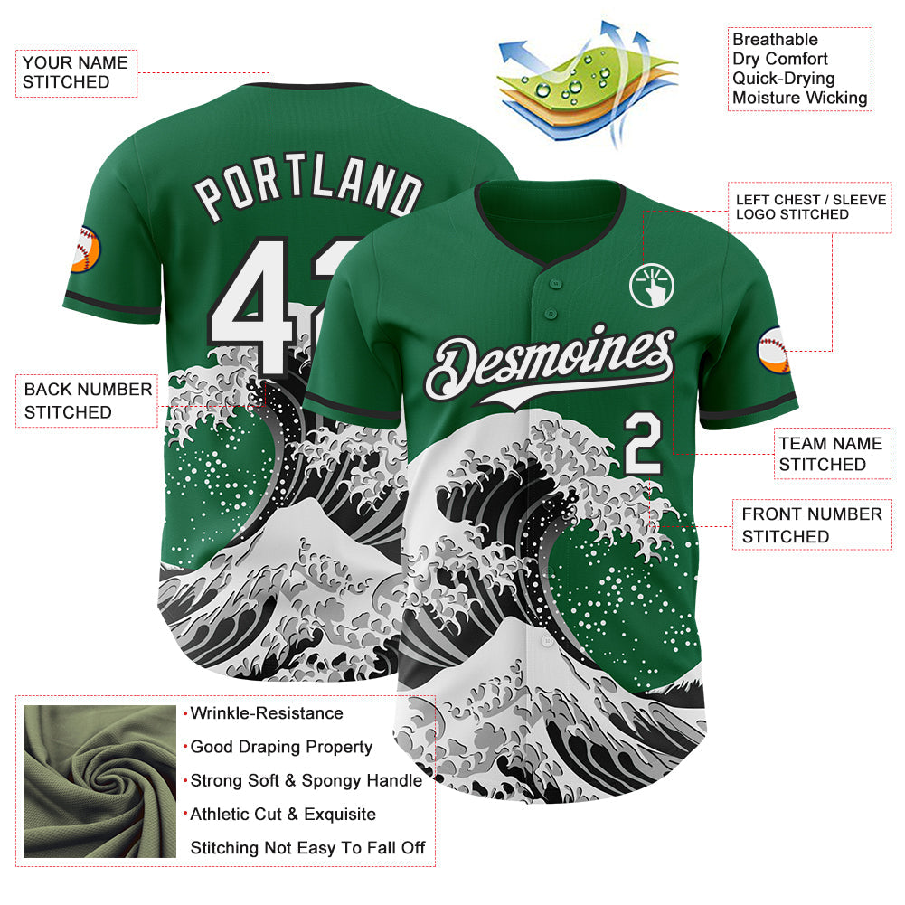 Custom Kelly Green White-Black Japanese Wave Authentic Baseball Jersey view 4