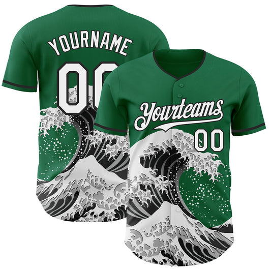 Custom Kelly Green White-Black Japanese Wave Authentic Baseball Jersey - Main View