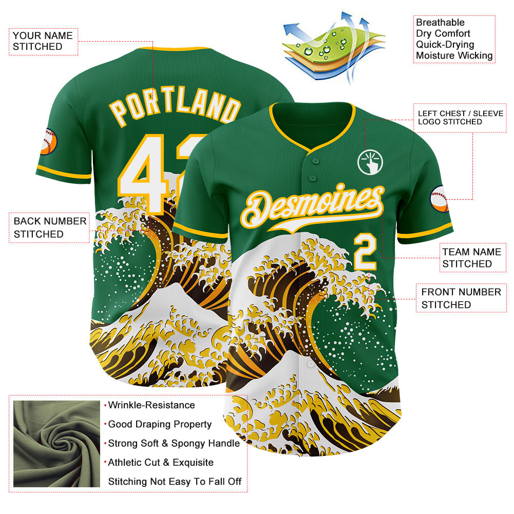 Custom Kelly Green White-Gold Japanese Wave Authentic Baseball Jersey view 4