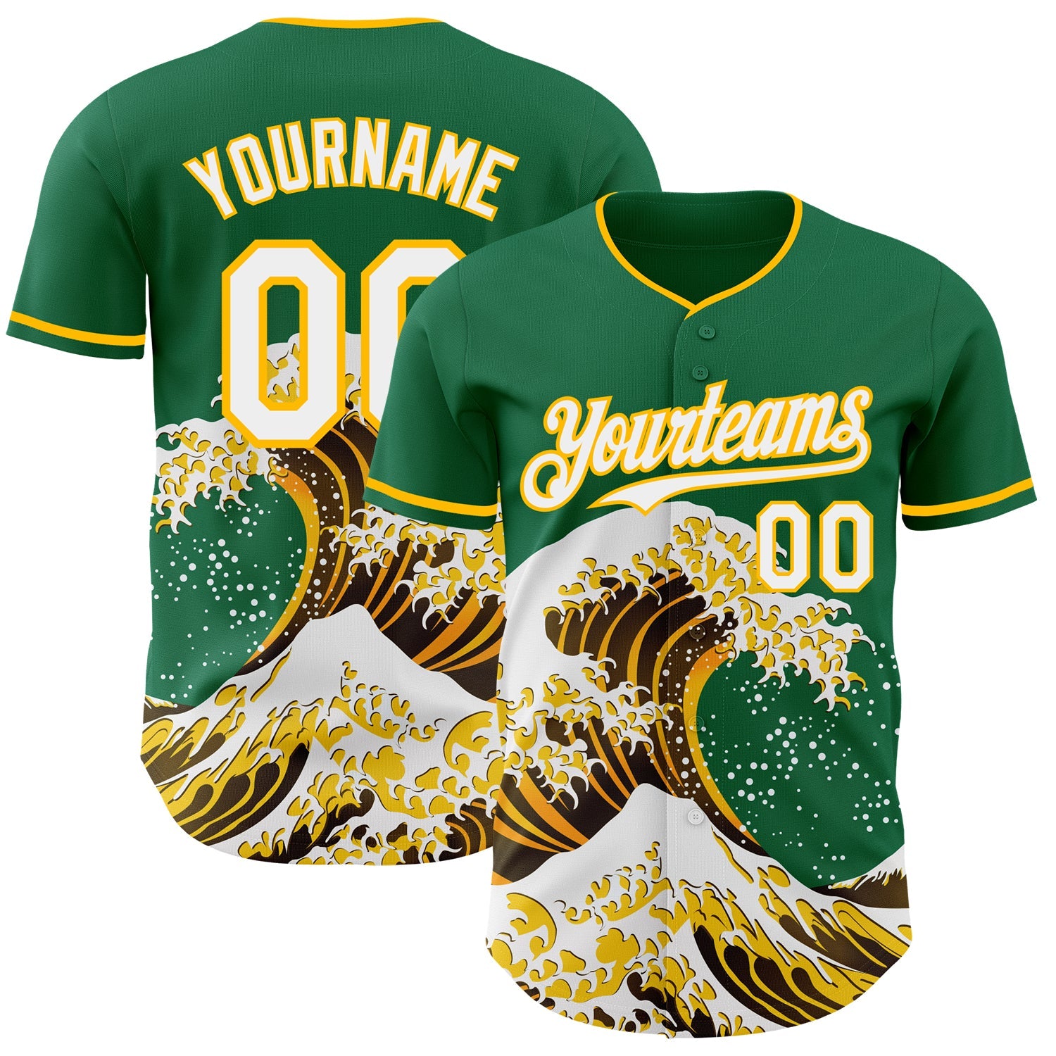 Custom Kelly Green White-Gold Japanese Wave Authentic Baseball Jersey - Main View