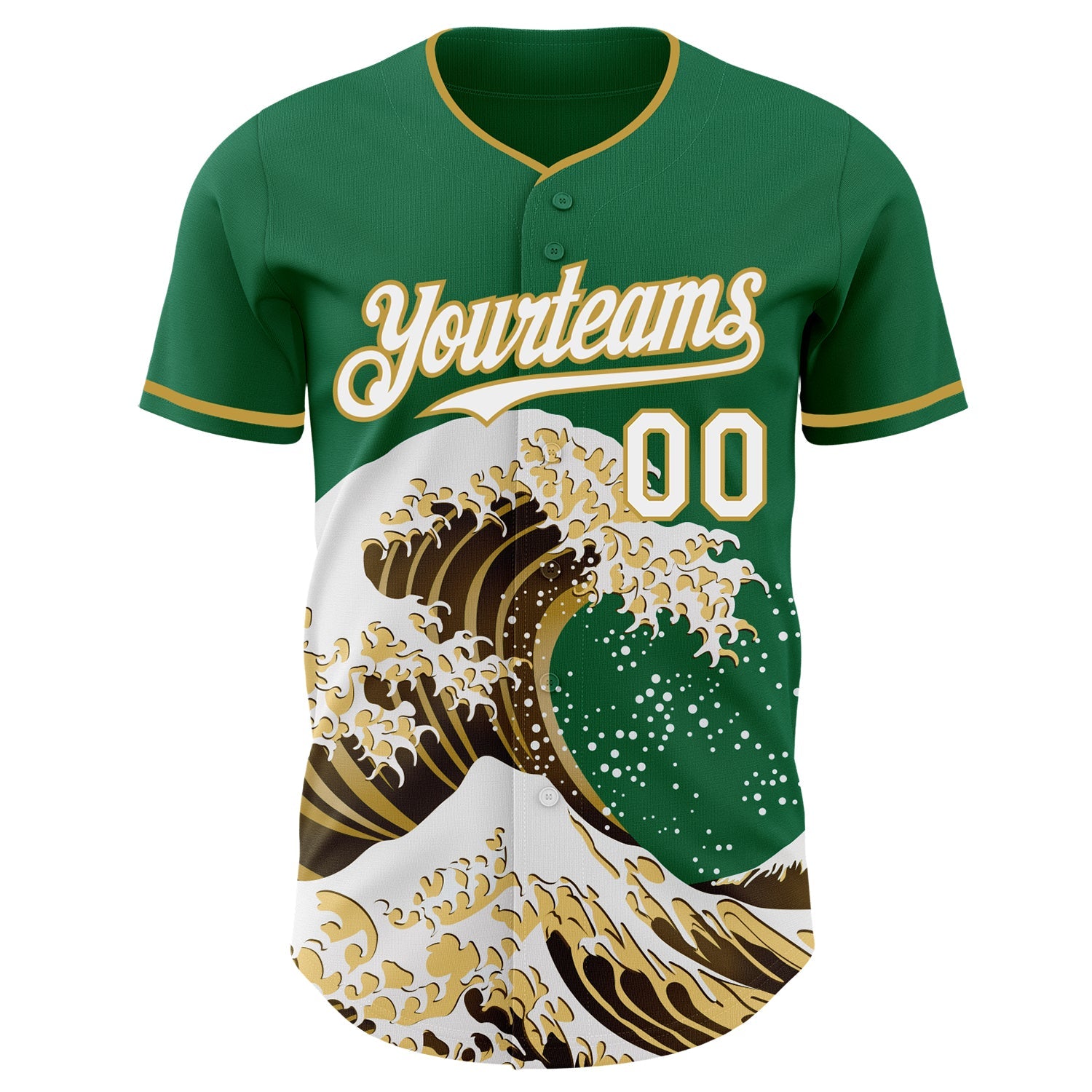 Custom Kelly Green White-Old Gold Japanese Wave Authentic Baseball Jersey view 3