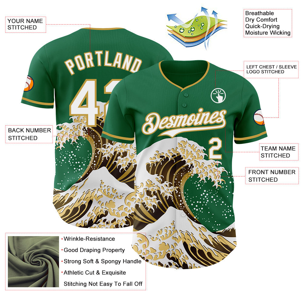 Custom Kelly Green White-Old Gold Japanese Wave Authentic Baseball Jersey view 4