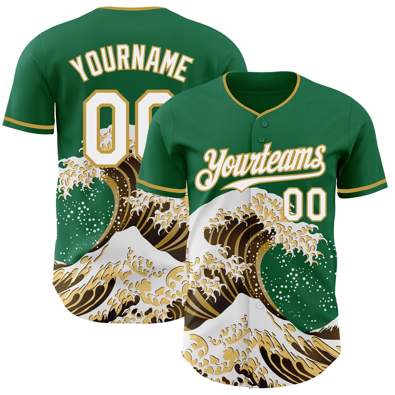 Custom Kelly Green White-Old Gold Japanese Wave Authentic Baseball Jersey - Main View